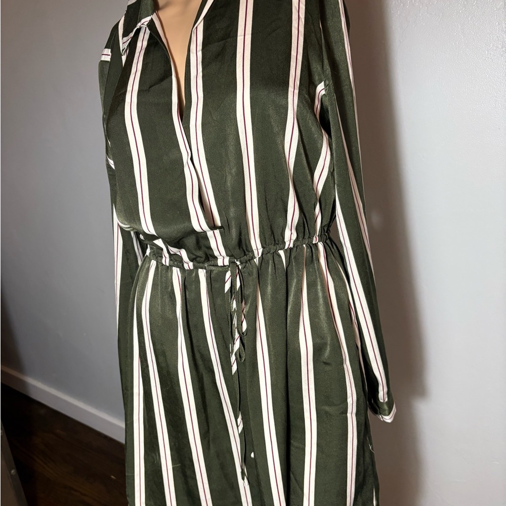 Lush Cinched Satin Shirt Mini Dress Olive Green with Cream stripes Size Med